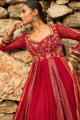 Deep red georgette multikali anarkali set